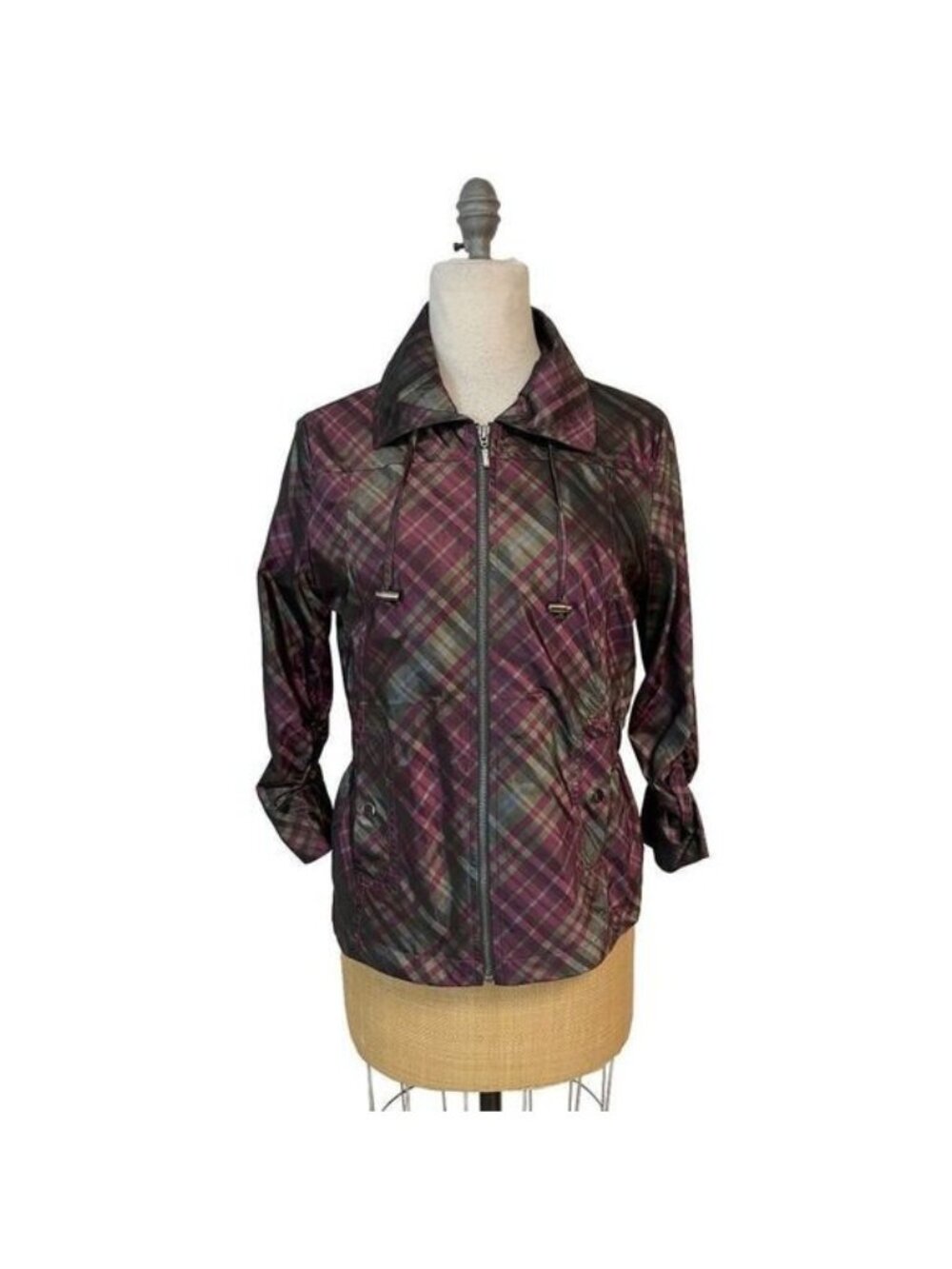 Chico's Metallic Full Zip Plaid Jacket Purple 1 Medium 8 10